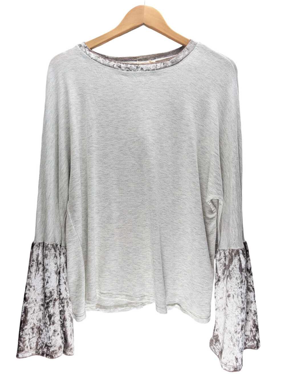Hummingbird Top Women L Bell Sleeve Crushed Velvet Gray